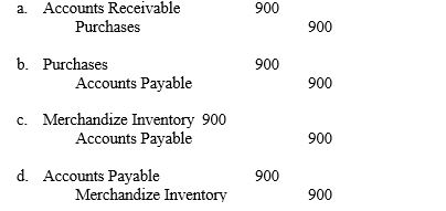 Chancellor Company purchased merchandize worth $900 on credit, terms n/30. What is the required journal entry to record the transaction under the periodic inventory system?