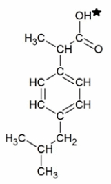<strong>Ibuprofen is a weak acid with a pK<sub>a</sub> of 4.9 (shown with the ionizable hydrogen with a star). It is absorbed through the stomach and the small intestine as a function of polarity-charged and very polar molecules are absorbed slowly; neutral hydrophobic molecules absorb quickly. If the stomach pH is about 1.5 and the small intestine pH is about 6, where (and why) will more ibuprofen be absorbed into the bloodstream?  </strong> A) More ibuprofen will be absorbed in the small intestine because it will be uncharged due to the pH being greater than the pK<sub>a</sub><sup>.</sup> B) More ibuprofen will be absorbed in the stomach because it will be uncharged due to the pH being lower than the pK<sub>a</sub>. C) More ibuprofen will be absorbed in the small intestine because it will be charged due to the pH being greater than the pK<sub>a</sub>. D) More ibuprofen will be absorbed in the stomach because it will be charged due to the pH being lower than the pK<sub>a</sub>. E) Ibuprofen will be absorbed equally well in both the stomach and small intestine. <div style=padding-top: 35px> 