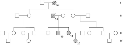 Use the following pedigree shown below for a family in which dark-shaded symbols represent individuals with one of the two major types of colon cancer. Numbers under the symbols are the individual's age at the time of diagnosis. -From this pedigree, how does this trait seem to be inherited?