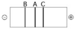 <strong> The segment of DNA shown in the figure above has restriction sites I and II, which create restriction fragments A, B, and C. Which of the gels produced by electrophoresis shown below best represents the separation and identity of these fragments?</strong> A) B) C) D) E)