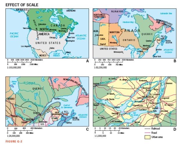 <strong>In Figure G-2,which of the maps has the largest scale? </strong> A) Map A B) Map B C) Map C D) Map D E) They all have the same scale.