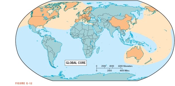 <strong>Which of the following realms contains one of the top three population clusters but lies entirely outside of the Global Core according to Figure G-12: </strong> A) Europe B) North America C) East Asia D) South Asia E) Austral Realm