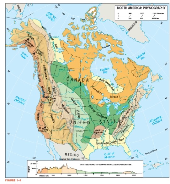 <strong>According to Figure 1-4,the highest elevation in North America lies within this physiographic province: </strong> A) Pacific Mountains and Valleys B) Intermontane Valleys and Plateaus C) Rocky Mountains D) Canadian Shield E) Appalachian Mountains
