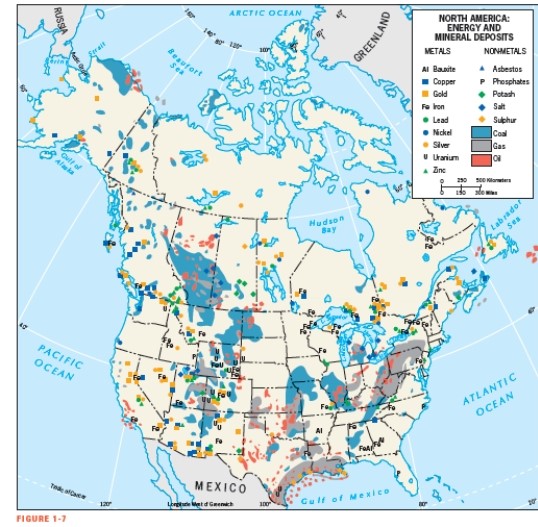 <strong>According to Figure 1-7,which province in Canada has significant coal deposits? </strong> A) Ontario B) Yukon Territory C) Manitoba D) Alberta E) Quebec