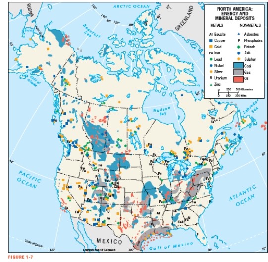 <strong>According to Figure 1-7,what mineral deposit in addition to oil and gas is located along the coastline of the Gulf of Mexico? </strong> A) Lead B) Nickel C) Silver D) Sulphur E) Gold