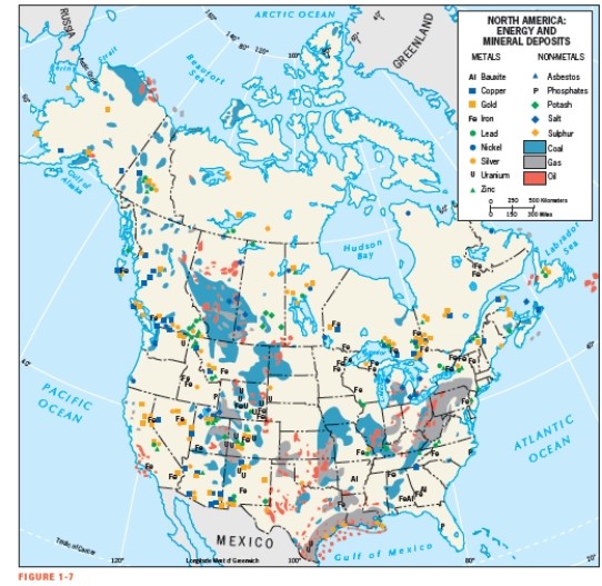 <strong>According to Figure 1-7,which of the following States does not contain oil reserves? </strong> A) California B) Wyoming C) Oklahoma D) Illinois E) Florida
