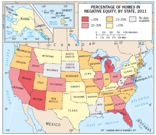 <strong>Look at the figures below.Which State within the American Manufacturing Belt had the highest percentage of homes with mortgage equity problems in 2011? </strong> A) Illinois B) Michigan C) Florida D) New York E) Pennsylvania