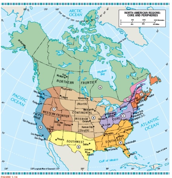 <strong>According to Figure 1-14,which North American region is located only in the United States? </strong> A) The Continental Interior B) The Maritime Northeast C) The Southeast D) The Pacific Hinge E) The Northern Frontier