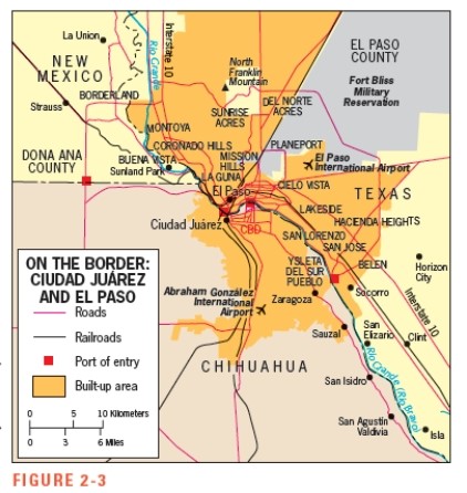 <strong>Figure 2-3 shows that Ciudad Juárez lies directly across the border from this U.S.city:  </strong> A) Matamoros B) Laredo C) El Paso D) San Diego E) McAllen <div style=padding-top: 35px> 