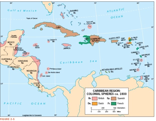 <strong>According to Figure 2-5,the majority of islands in the Lesser Antilles were colonized by the ___________.  </strong> A) British B) French C) Spanish D) Dutch E) Americans <div style=padding-top: 35px> 