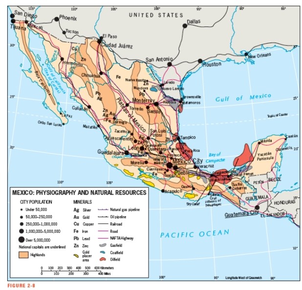 <strong>According to Figure 2-8,most of Mexico's oil deposits are located_______________.  </strong> A) in the mountainous areas B) along the Gulf of California C) along the Gulf of Mexico D) along the Pacific coast E) near the U.S. border <div style=padding-top: 35px> 