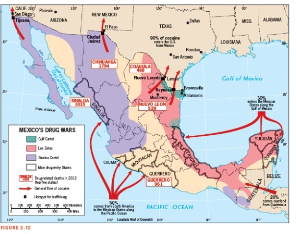 According to Figure 2-12,the Chihuahua cartel has the greatest effect on people living near the Mexico-New Mexico border:  <div style=padding-top: 35px> 