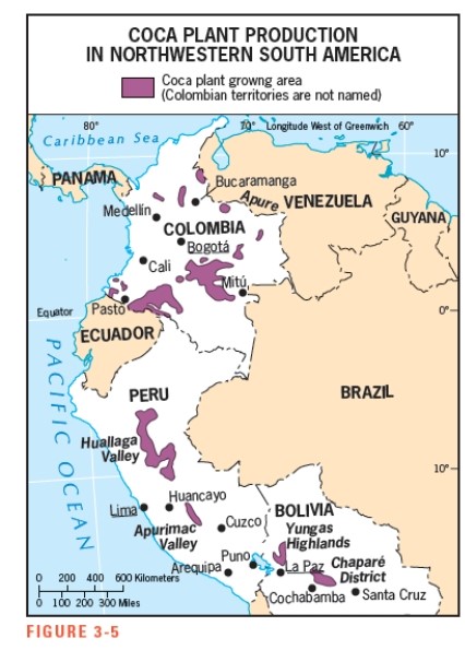 <strong>According to Figure 3-5,which country is a significant producer of coca plants? </strong> A) Venezuela B) Peru C) Ecuador D) Brazil E) Guyana