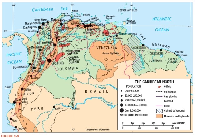 <strong>Figure 3-9 shows that Venezuela claims rights to a significant portion of this country: </strong> A) Guyana B) Colombia C) Brazil D) Trinidad and Tobago E) Panama