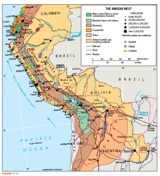 <strong>According to Figure 3-11,which city with over one million people is located on the eastern side of the Andes Mountains? </strong> A) Guayaquil B) Lima C) La Paz D) Santa Cruz E) Salta