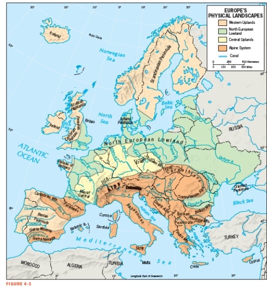 <strong>Figure 4-3 shows which two physical landscapes on the Iberian Peninsula?  </strong> A) Western Uplands and North European Lowland B) Western Uplands and Central Uplands C) Central Uplands and Alpine System D) Western Uplands and Alpine System E) North European Lowland and Alpine System <div style=padding-top: 35px> 