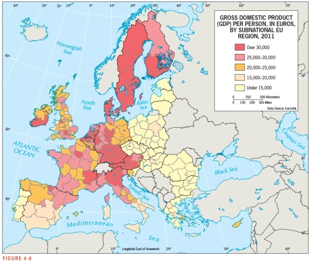 <strong>Based on Figure 4-8,which part of Europe is the poorest?  </strong> A) Northern Europe B) Central Europe C) Western Europe D) Southwestern Europe E) Eastern Europe <div style=padding-top: 35px> 
