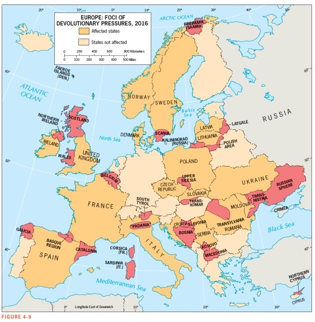 <strong>Based on Figure 4-9,which country is NOT currently affected by forces of devolution?  </strong> A) United Kingdom B) Germany C) Spain D) Italy E) Sweden <div style=padding-top: 35px> 