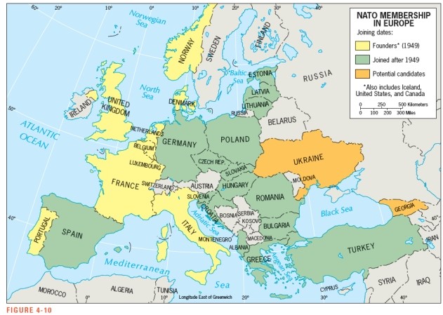 <strong>According to Figure 4-10,which country was NOT a founding member of NATO?  </strong> A) United Kingdom B) France C) Spain D) Italy E) Belgium <div style=padding-top: 35px> 