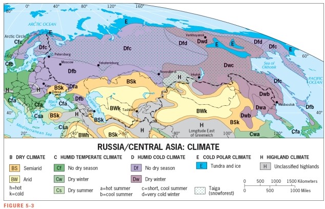 <strong>As Figure 5-3 shows,_____________ is (are)the only part of the Russian realm with a humid temperate climate: </strong> A) the area near the Black Sea B) the area around Moscow C) Russian lands bordering the Caspian Sea D) extreme southeastern Russia E) the area along the southern Russia-northern China border