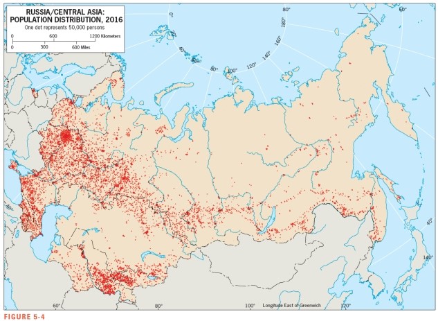 <strong>According to Figure 5-4,the vast majority of Russia's population lives __________. </strong> A) along Russia's southern rim B) west of the Ural Mountains C) along the coastline of the Arctic Ocean D) in the river valleys east of the Ural Mountains E) near the Sea of Okhotsk