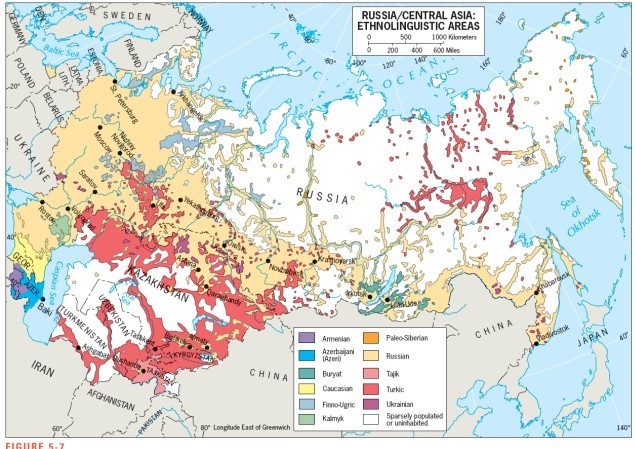 <strong>According to figure 5-7 which ethnic group is most heavily concentrated around Lake Baykal: </strong> A) Armenian B) Buryat C) Caucasus D) Kalmyk E) Turkic