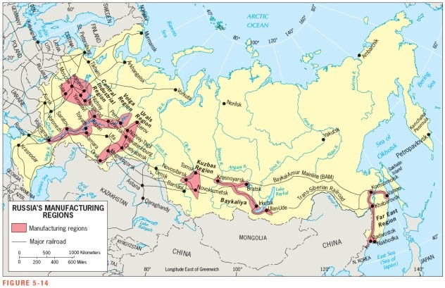 <strong>Figure 5-14 shows that all of Russia's major manufacturing regions are located _____________. </strong> A) west of the Ural Mountains B) along coastlines C) east of 60˚ East longitude D) south of 60˚ North latitude E) along the Volga River