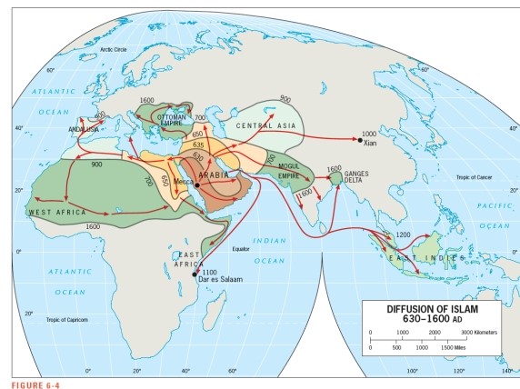 <strong>According to Figure 6-4,which country did not experience Islamic rule at some time in the past? </strong> A) Egypt B) Israel C) Spain D) Germany E) India