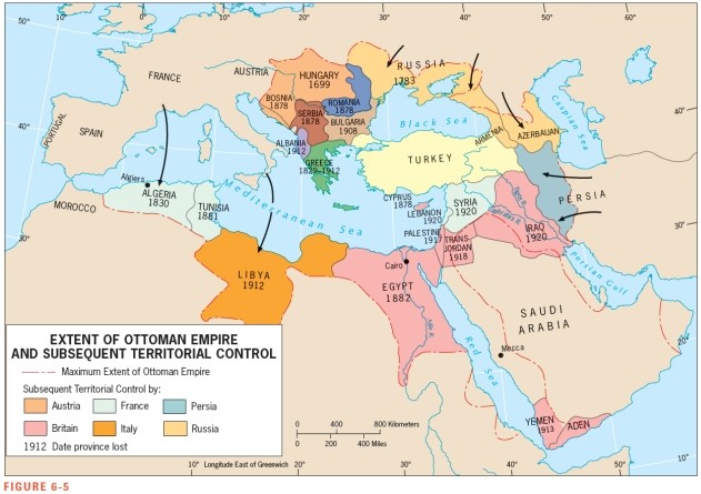 <strong>According to Figure 6-5,the British colonized all of the following EXCEPT ___________. </strong> A) Egypt B) Iraq C) Syria D) Palestine E) TransJordan