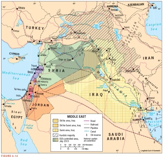 <strong>According to Figure 6-12,the city of Baghdad lies within a zone dominated by a _____________ population. </strong> A) predominantly Shi'ite B) predominantly Sunni C) predominantly Kurdish D) mixed Sunni/Shi'ite populations E) jihadist ISIS