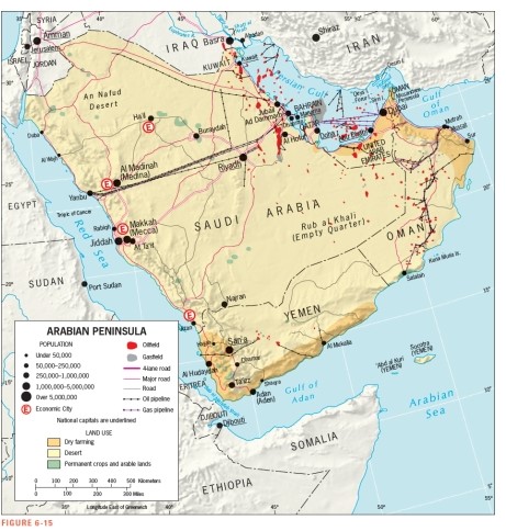 <strong>Figure 6-15 shows that these two countries occupy strategic positions on the Hormuz Strait: </strong> A) Oman and Iran B) United Arab Emirates and Qatar C) Saudi Arabia and Iran D) Djibouti and Yemen E) Iraq and Kuwait