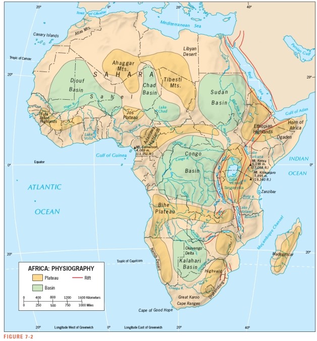 <strong>The rifts shown on the map in Figure 7-2 are found predominantly near this feature:  </strong> A) the Niger River B) Lake Victoria C) the Namib Desert D) the Kalahari Basin E) the Cape of Good Hope <div style=padding-top: 35px> 