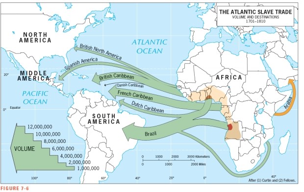 <strong>According to Figure 7-6,the largest proportion of the West African slave trade went to ___________________.  </strong> A) North America B) the British Caribbean Islands C) the French Caribbean Islands D) Brazil E) the Arabian Peninsula <div style=padding-top: 35px> 