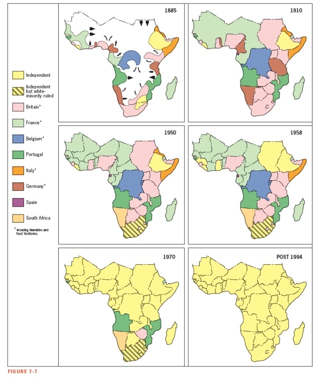<strong>Based on the maps shown in Figure 7-7,which country nearly created a total north-south (Cape-to-Cairo) axis of control in colonial Subsaharan Africa?  </strong> A) France B) Great Britain C) Belgium D) Portugal E) Spain <div style=padding-top: 35px> 