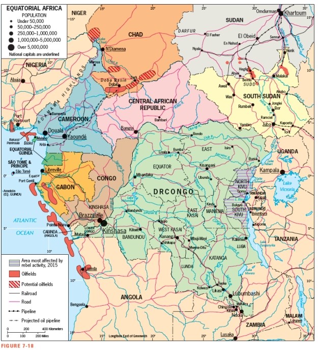 <strong>According to Figure 7-18,which country does NOT contain oil reserves?  </strong> A) Nigeria B) Chad C) South Sudan D) Central African Republic E) Gabon <div style=padding-top: 35px> 
