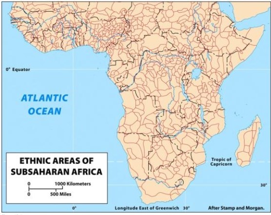 The figure below shows that Africa's ethnic territories coincide fairly well with its political boundary framework.  <div style=padding-top: 35px> 