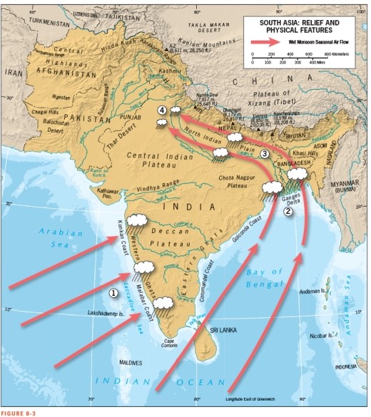 <strong>According to Figure 8-3,which of these locations benefits LEAST from the summer monsoon rains in South Asia? </strong> A) the Western Ghats B) the North Indian Plain C) the Ganges Delta D) Bangladesh E) Pakistan