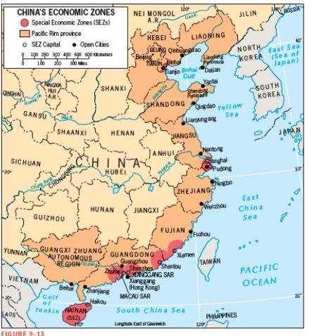 <strong>According to Figure 9-13,which of these locations was not designated as an SEZ (Special Economic Zone)? </strong> A) Beijing B) Pudong C) Shenzhen D) Hainan Island E) Binhai New Area