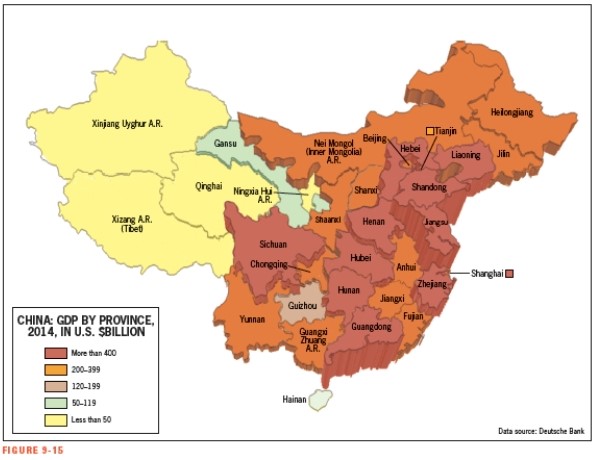 <strong>According to Figure 9-15,which of the following provinces is the wealthiest? </strong> A) Beijing B) Guangdong C) Sichuan D) Hunan E) Yunnan