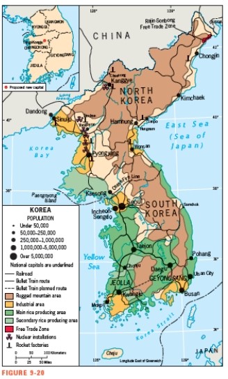 <strong>Examine Figure 9-20 to determine which of the following statements is NOT true of Korea. </strong> A) North Korea is more mountainous than South Korea. B) South Korea has more cities than North Korea. C) Most of the rice-producing areas are in South Korea. D) The capital cities of both North and South Korea are port cities. E) Most of the cease-fire line runs slightly north of 38° North latitude.