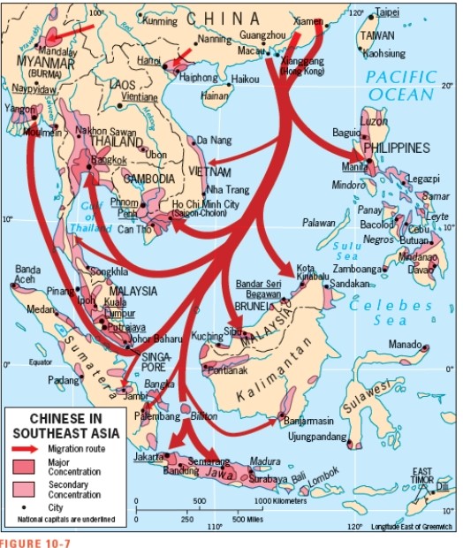 <strong>According to Figure 10-7,which country does not have a significant Chinese immigrant population? </strong> A) Vietnam B) Laos C) Myanmar D) Thailand E) Malaysia