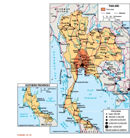 <strong>According to Figure 10-13,Thailand's core area is _____________. </strong> A) near the border with Laos B) centered on the capital of Bangkok C) in the southern protrusion near the Malaysian border D) in the Mekong River Delta E) located where the borders of Thailand, Cambodia, and Laos converge