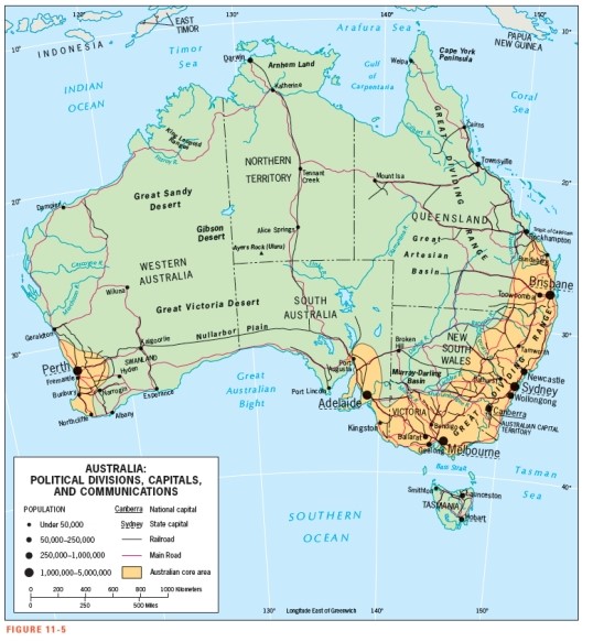 <strong>According to Figure 11-5,which city is closest to Australia's largest mountain range? </strong> A) Perth B) Adelaide C) Sydney D) Alice Springs E) Darwin