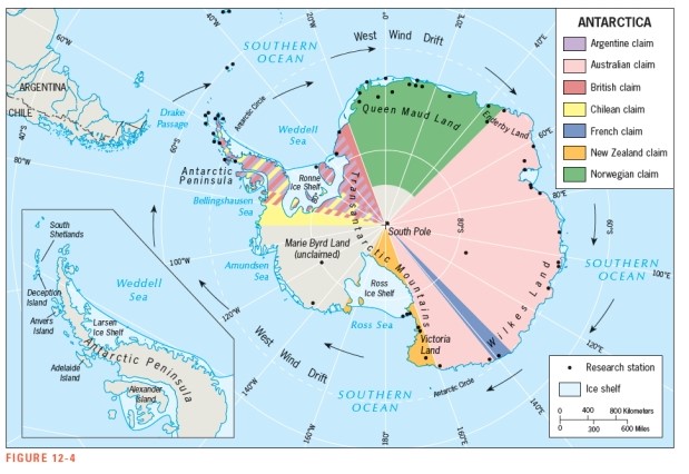 <strong>According to Figure 12-4,the body of water that separates Argentina from the Antarctic Peninsula is________________. </strong> A) Drake Passage B) Weddell Sea C) Bellingshausen Sea D) Amundsen Sea E) Antarctic Sea