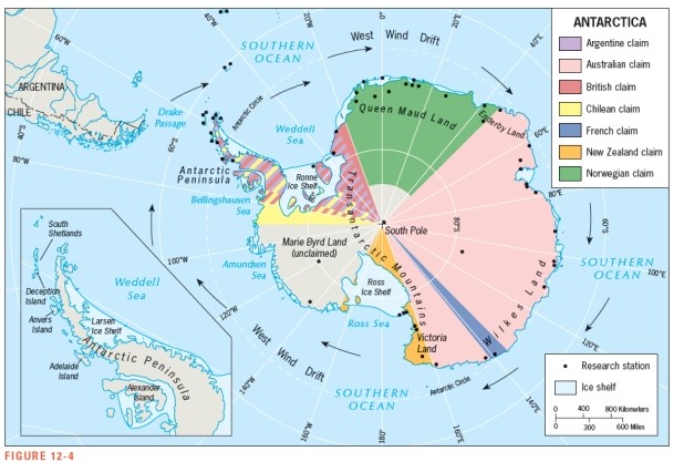 <strong>According to Figure 12-4,all of Antarctica lies south of _________________. </strong> A) the Antarctic Circle B) 60° South latitude C) 60° West longitude D) the South Pole E) 0° longitude