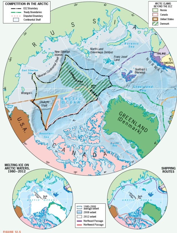 <strong>Figure 12-5 shows that this country does not have territory bordering the Arctic Ocean. </strong> A) Russia B) Norway C) Sweden D) Denmark E) the United States