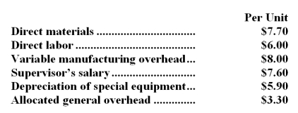 <strong>Part J88 is used in one of Quinney Corporation's products.The company makes 3,000 units of this part each year.The company's Accounting Department reports the following costs of producing the part at this level of activity: An outside supplier has offered to produce this part and sell it to the company for $32.10 each.If this offer is accepted,the supervisor's salary and all of the variable costs,including direct labor,can be avoided.The special equipment used to make the part was purchased many years ago and has no salvage value or other use.The allocated general overhead represents fixed costs of the entire company.If the outside supplier's offer were accepted,only $3,000 of these allocated general overhead costs would be avoided. If management decides to buy part J88 from the outside supplier rather than to continue making the part,what would be the annual impact on the company's overall net operating income?</strong> A)Net operating income would decline by $22,200 per year. B)Net operating income would decline by $16,200 per year. C)Net operating income would decline by $5,400 per year. D)Net operating income would decline by $19,200 per year.