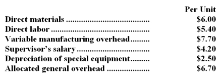 <strong>Crick Corporation makes 11,000 units of part W28 each year.This part is used in one of the company's products.The company's Accounting Department reports the following costs of producing the part at this level of activity: An outside supplier has offered to make and sell the part to the company for $25.50 each.If this offer is accepted,the supervisor's salary and all of the variable costs,including direct labor,can be avoided.The special equipment used to make the part was purchased many years ago and has no salvage value or other use.The allocated general overhead represents fixed costs of the entire company.If the outside supplier's offer were accepted,only $18,000 of these allocated general overhead costs would be avoided.In addition,the space used to produce part W28 would be used to make more of one of the company's other products,generating an additional segment margin of $12,000 per year for that product. What would be the impact on the company's overall net operating income of buying part W28 from the outside supplier?</strong> A)Net operating income would decline by $65,000 per year. B)Net operating income would increase by $5,800 per year. C)Net operating income would decline by $89,000 per year. D)Net operating income would increase by $12,000 per year.