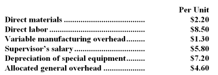 <strong>Part N19 is used by Malouf Corporation to make one of its products.A total of 7,000 units of this part are produced and used every year.The company's Accounting Department reports the following costs of producing the part at this level of activity: An outside supplier has offered to make the part and sell it to the company for $24.50 each.If this offer is accepted,the supervisor's salary and all of the variable costs,including the direct labor,can be avoided.The special equipment used to make the part was purchased many years ago and has no salvage value or other use.The allocated general overhead represents fixed costs of the entire company,none of which would be avoided if the part were purchased instead of produced internally.In addition,the space used to make part N19 could be used to make more of one of the company's other products,generating an additional segment margin of $25,000 per year for that product.What would be the impact on the company's overall net operating income of buying part N19 from the outside supplier?</strong> A)Net operating income would decline by $21,900 per year. B)Net operating income would decline by $60,700 per year. C)Net operating income would decline by $10,700 per year. D)Net operating income would increase by $25,000 per year.