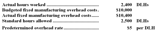 <strong>Mauve Company uses a standard cost system in which it applies manufacturing overhead to units of product on the basis of standard direct labor-hours (DLHs).The following data pertain to last month: The fixed manufacturing overhead budget variance is:</strong> A)$400 U B)$500 F C)$300 F D)$300 U